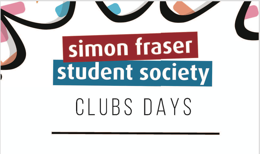 A minimalistic illustration. A few lines and colours are draped from the top of the image, reminiscent of ropes of flags. The center of the photo reads: “Simon Fraser Student Society” and “Clubs Days”