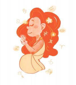 A peaceful cartoon woman surrounded by Zodiac symbols. She wears a yellow dress and has orange hair. Her hands are raised to hold one of the glowing signs.
