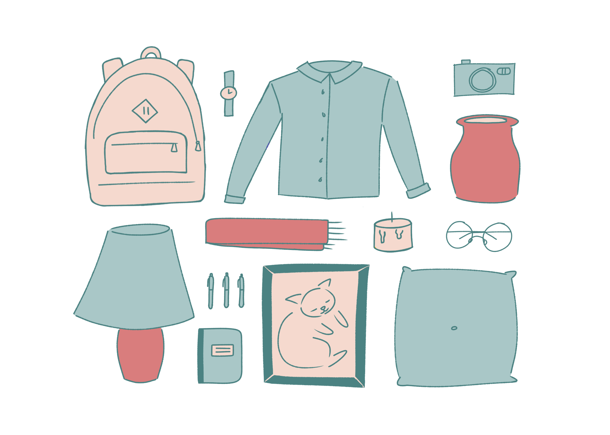 Illustration of fashion and home accessories (backpack, pillow, etc.) in shades of pink and blue
