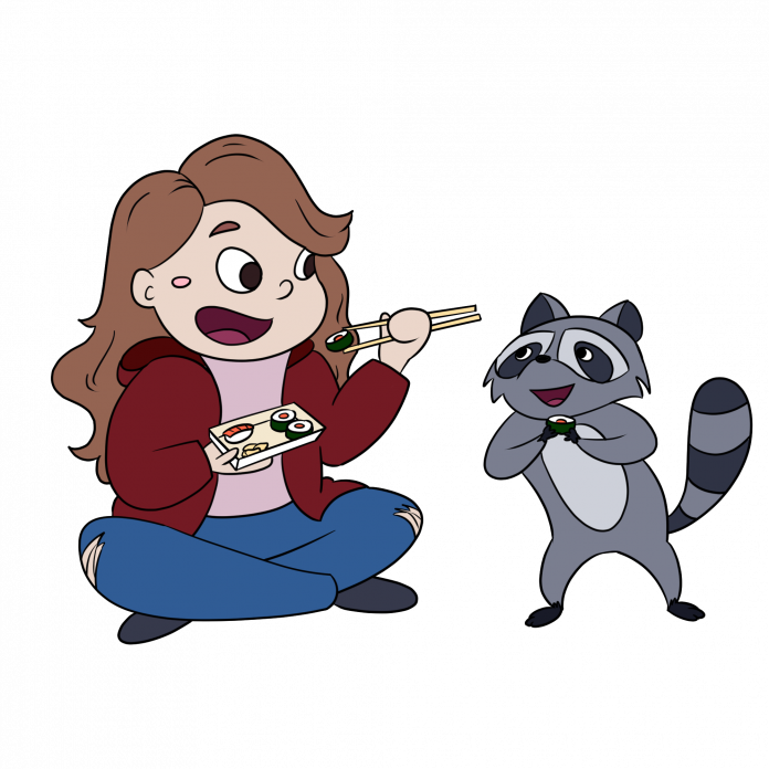 A woman sits eating sushi while a raccoon enjoys a piece of sushi next to her. The person is white with long brown hair and wears ripped jeans, a pink shirt, and a red hoodie sitting with her legs crossed and a plate of sushi. The raccoon stands on its back legs smiling back at her while holding sushi too.