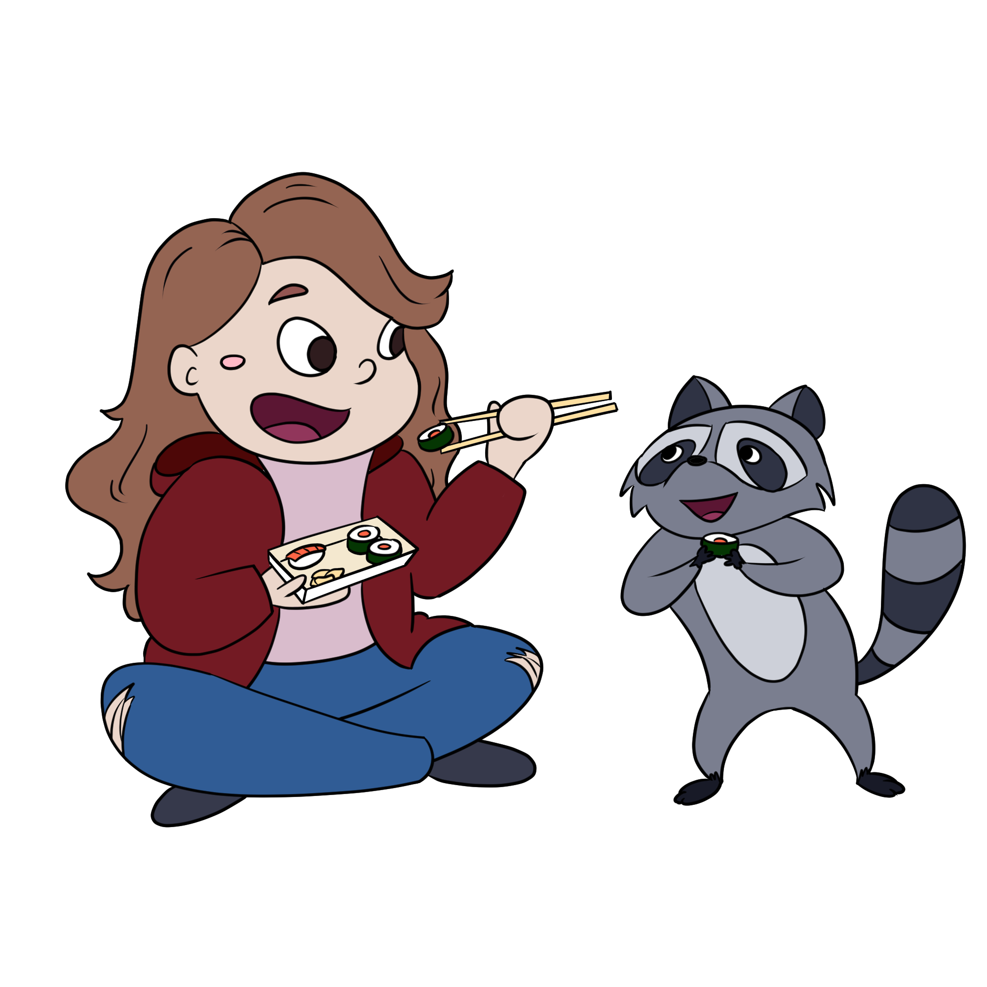 A woman sits eating sushi while a raccoon enjoys a piece of sushi next to her. The person is white with long brown hair and wears ripped jeans, a pink shirt, and a red hoodie sitting with her legs crossed and a plate of sushi. The raccoon stands on its back legs smiling back at her while holding sushi too.