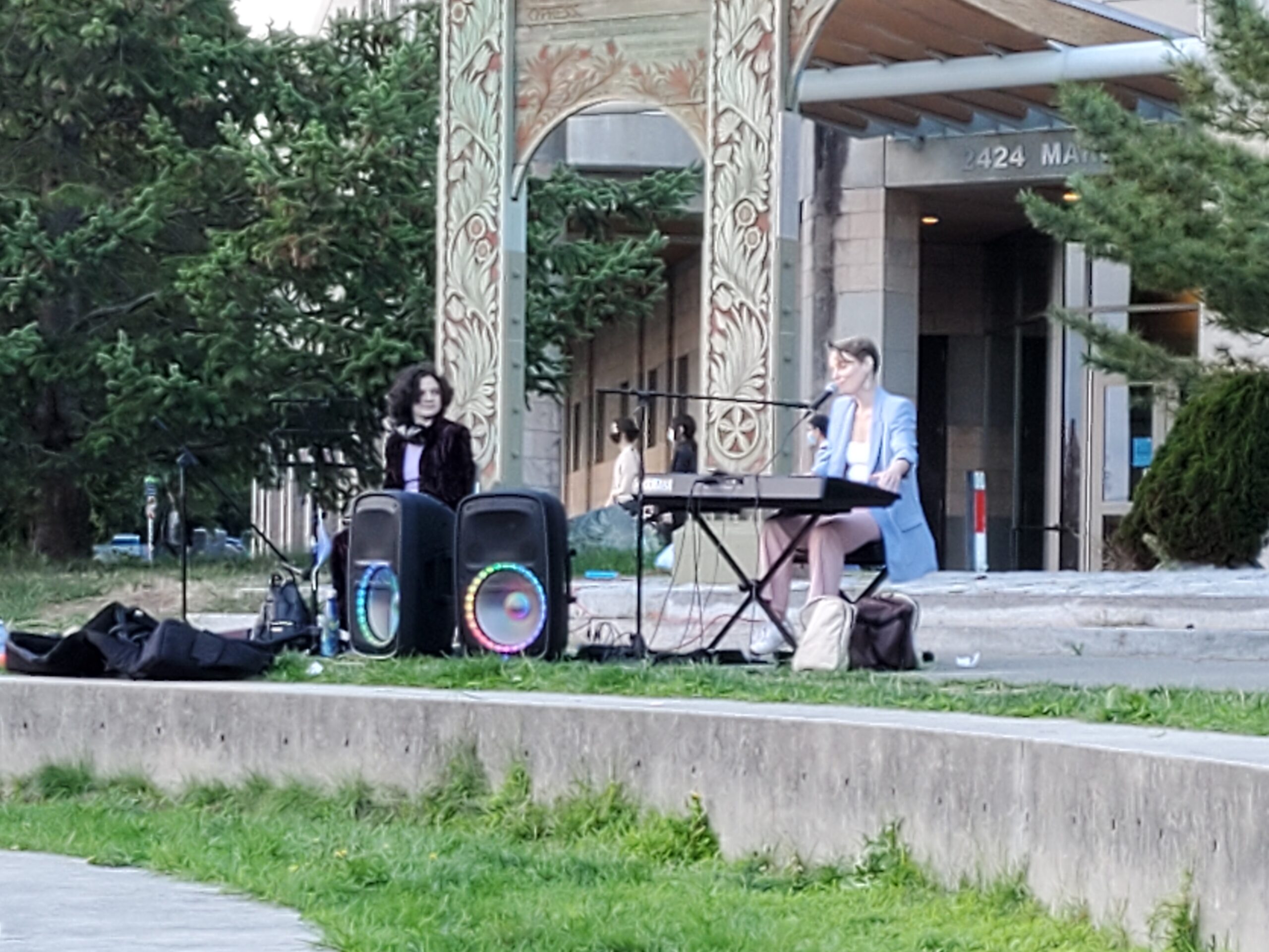 Performers Fairything and SIESKI playing their instruments on a raised grassy platform