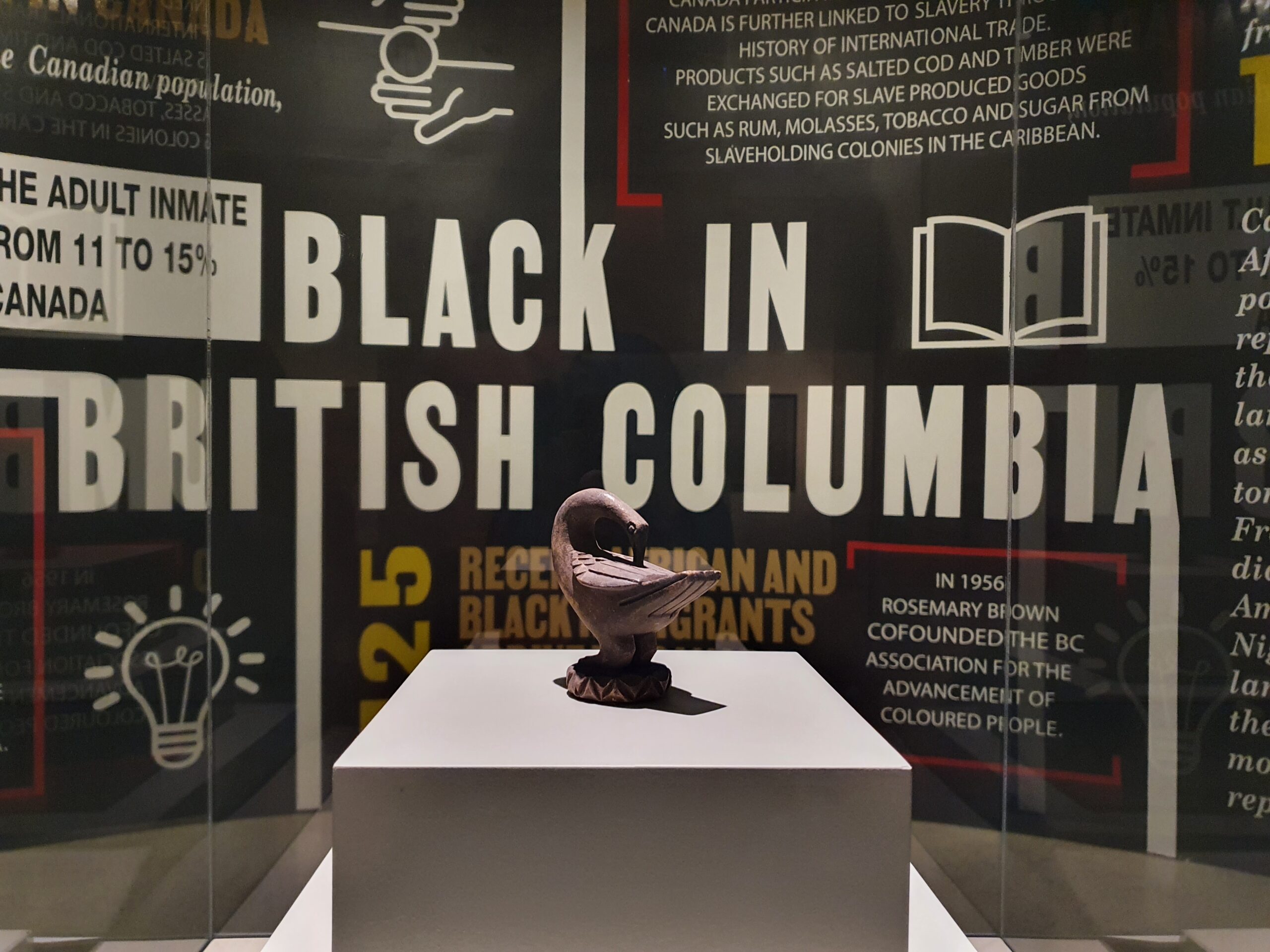 A sankofa bird figurine on a podium encased in glass. In the background is a black infographic wall with text in white, red, and yellow. The largest headline, framed around the figurine, is “Black in British Columbia”