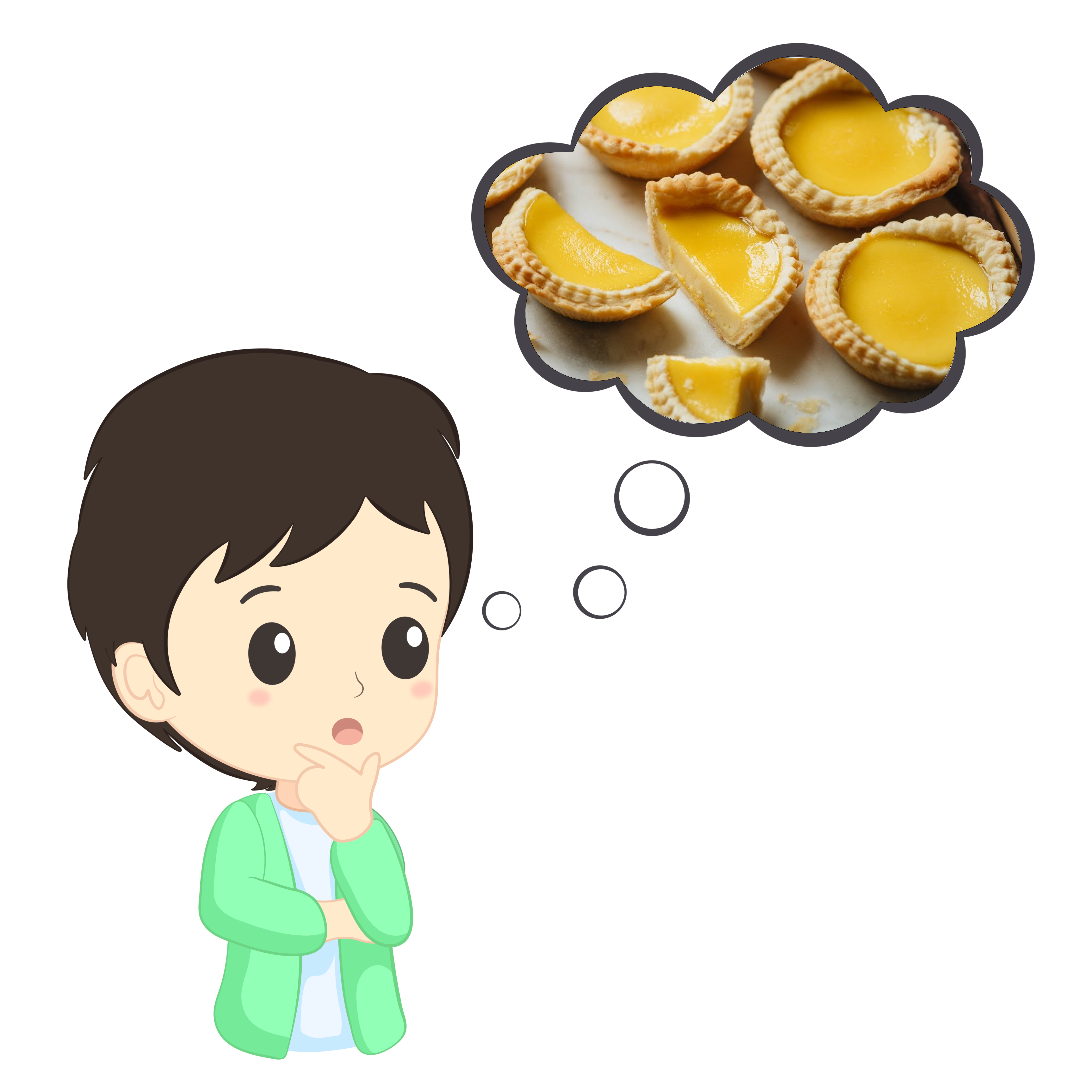 Person in thinking pose with a thought bubble overhead featuring an image of egg tarts