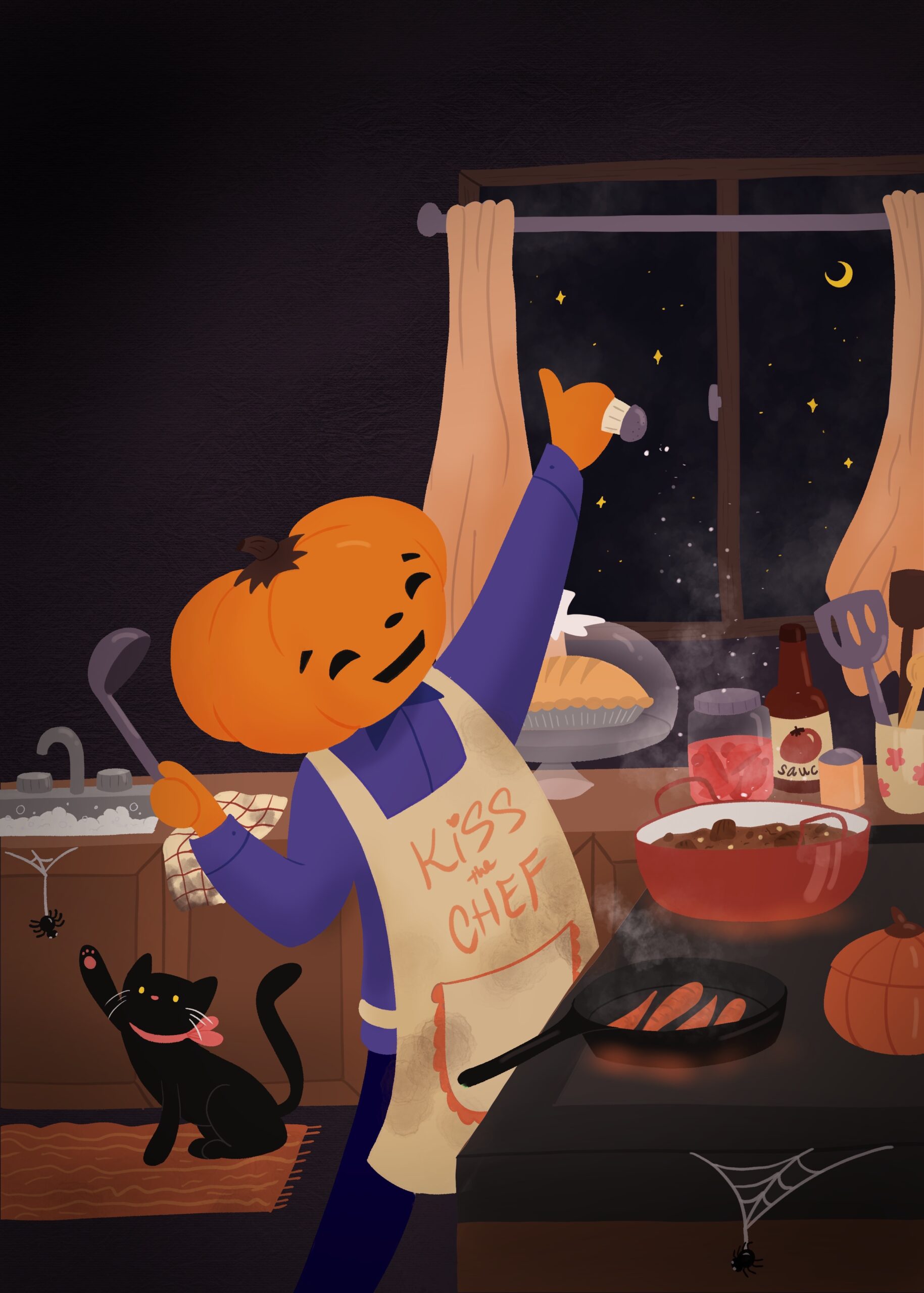The scene is in a kitchen but it is spooky in a cute way. The background is purple and outside the window is a night sky. In the back left corner is a black cat swatting at a spider hanging off of a kitchen cabinet. In the centre of the picture is a person with a pumpkin head cooking something in the kitchen. They are reminiscent of that one dancing pumpkin gif that circulated a lot back in 2012 on Tumblr. The pumpkin is carved with a happy expression and they are wearing an apron that says “kiss the chef.”