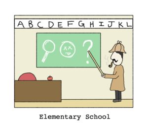 Sherlock Holmes teaching in school. chalkboard shows magnifying glass, dead face, and question mark. image captioned "elementary school"
