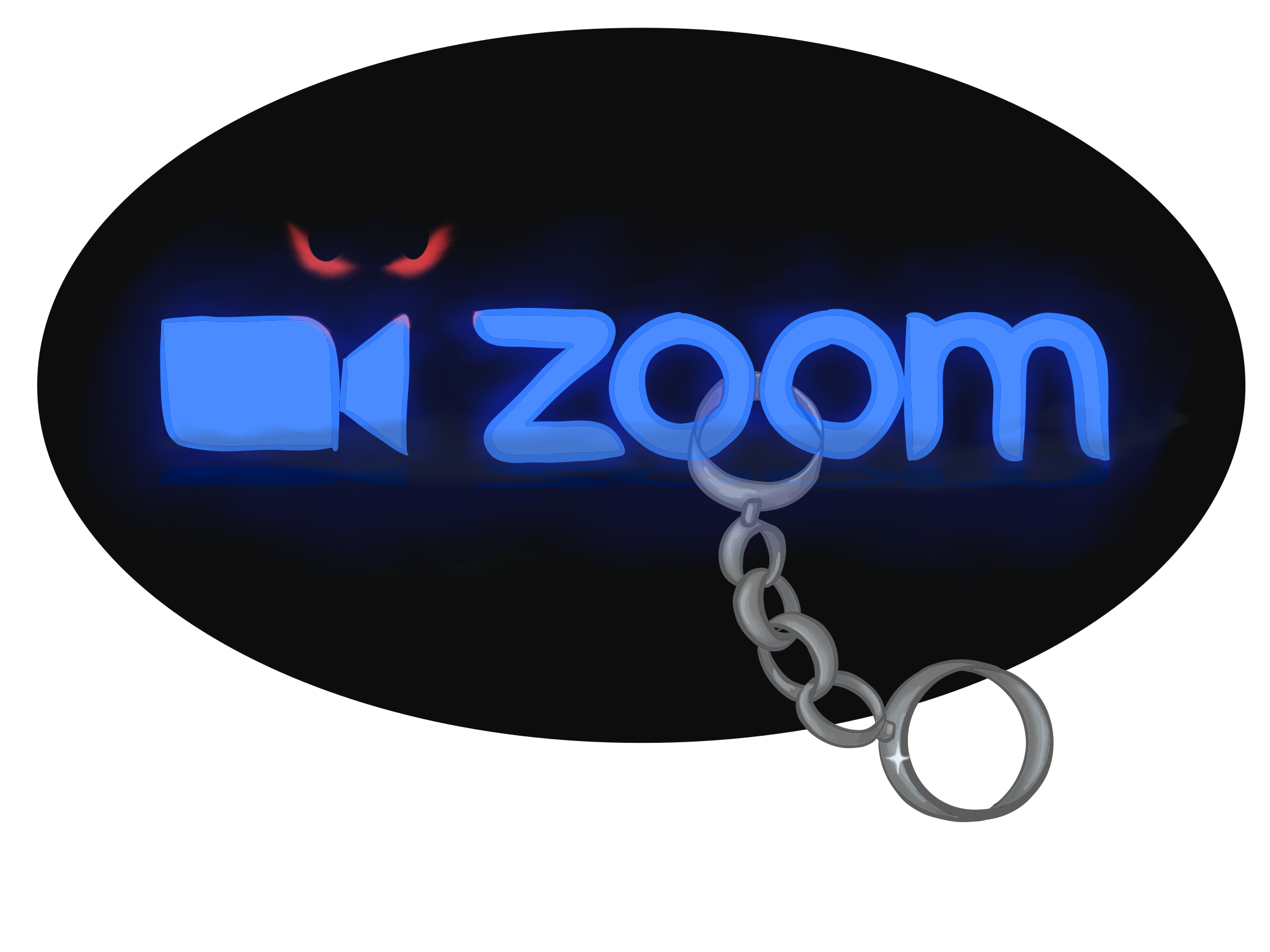 Zoom logo with O's handcuffed together and red eyes in background