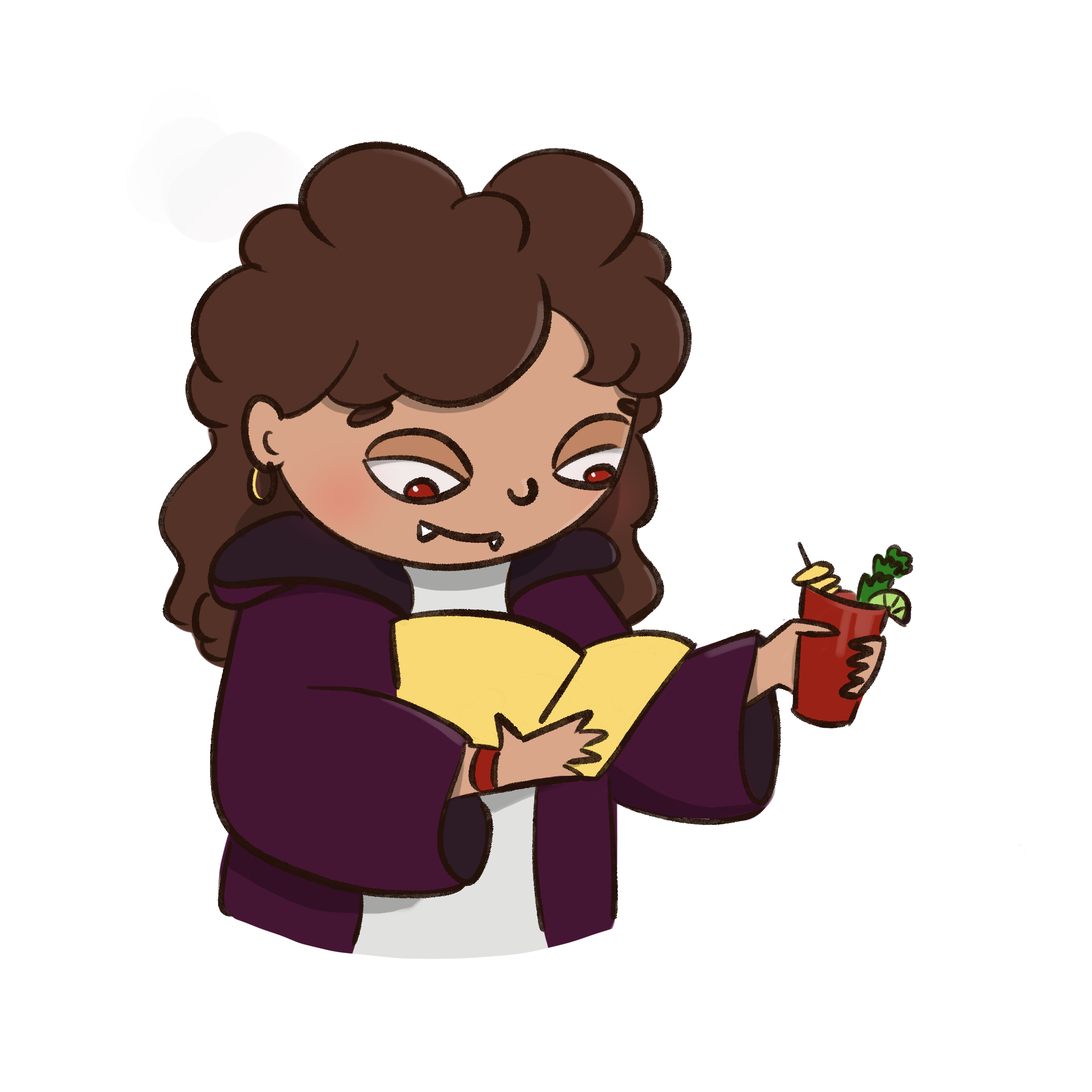 vampire student with curly hair drinks a bloody Mary reading a textbook