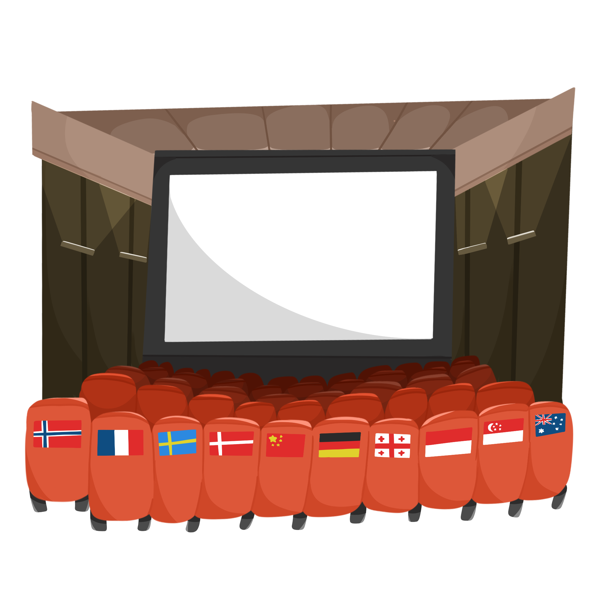 Illustration of a movie theatre with rows of red seats. On the backs of one row of seats are the flags of Norway, France, Sweden, Denmark, China, Germany, Georgia, Singapore, Indonesia, and Australia