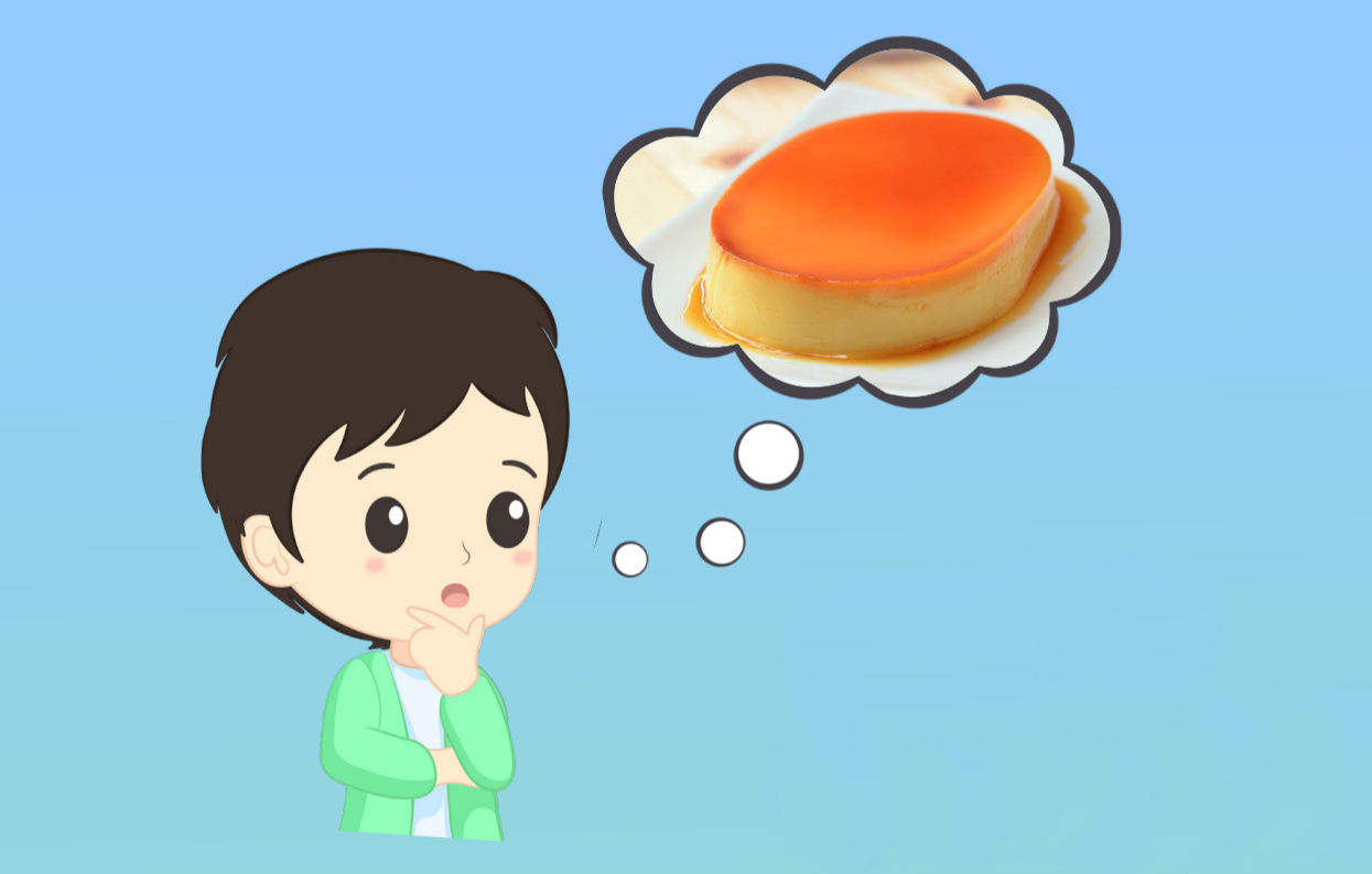 Person in thinking pose with a thought bubble overhead featuring an image of leche flan