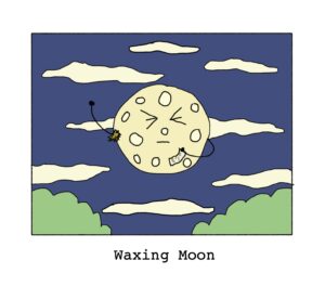 the moon pulling wax strips off captioned "waxing moon"