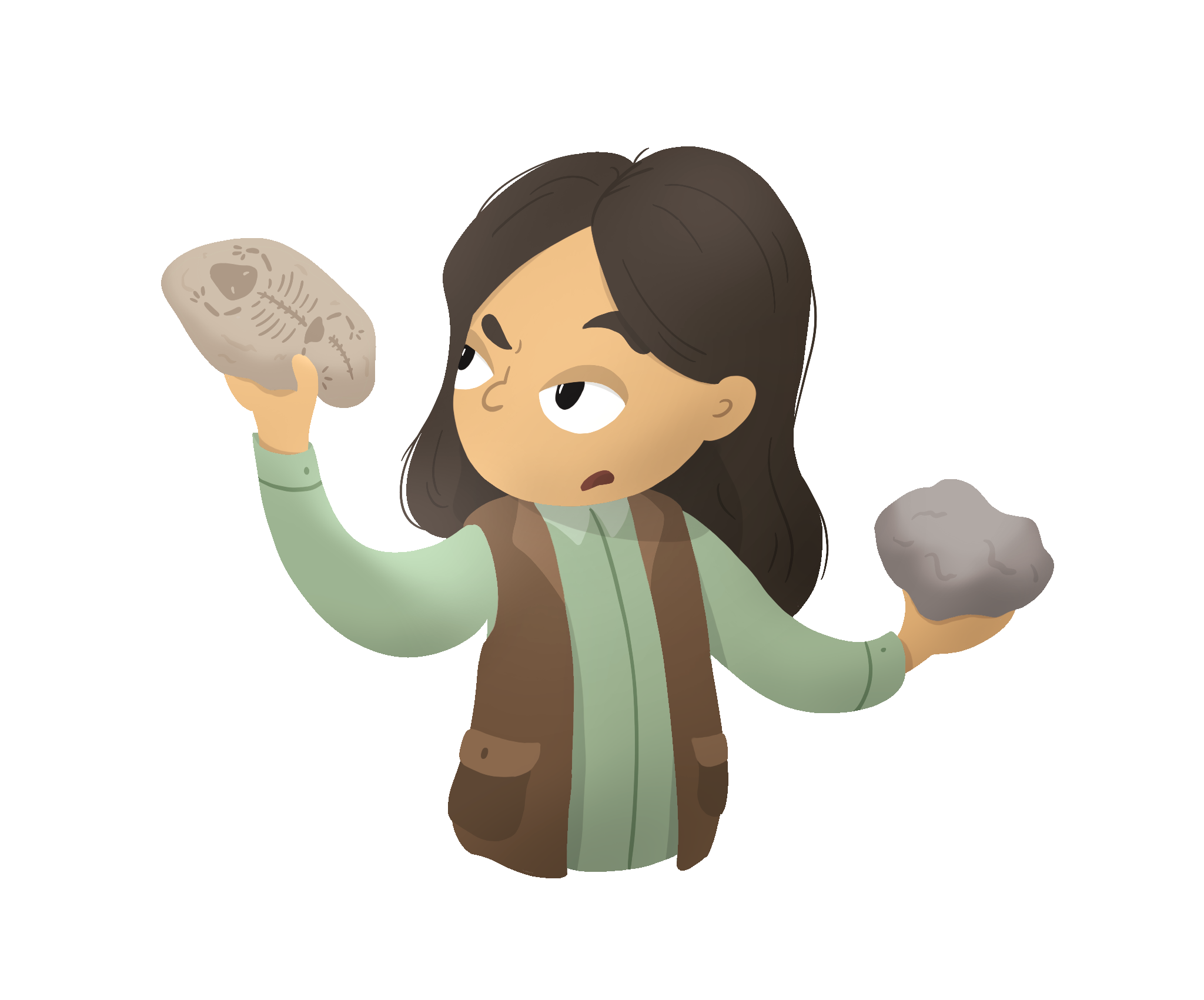 a woman holds two rocks inquisitively. one is plain and the other has a fish fossil