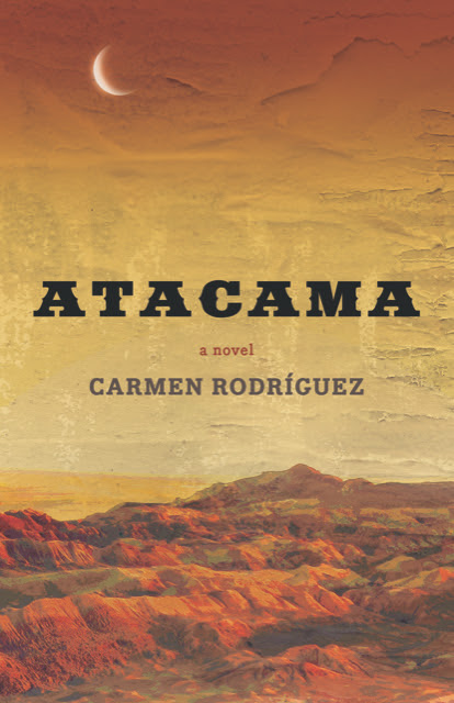 Book cover depicting a desert scene, a crescent moon in the left corner of a pinkish sky. "Atacama" is spelt in black block letters across the page