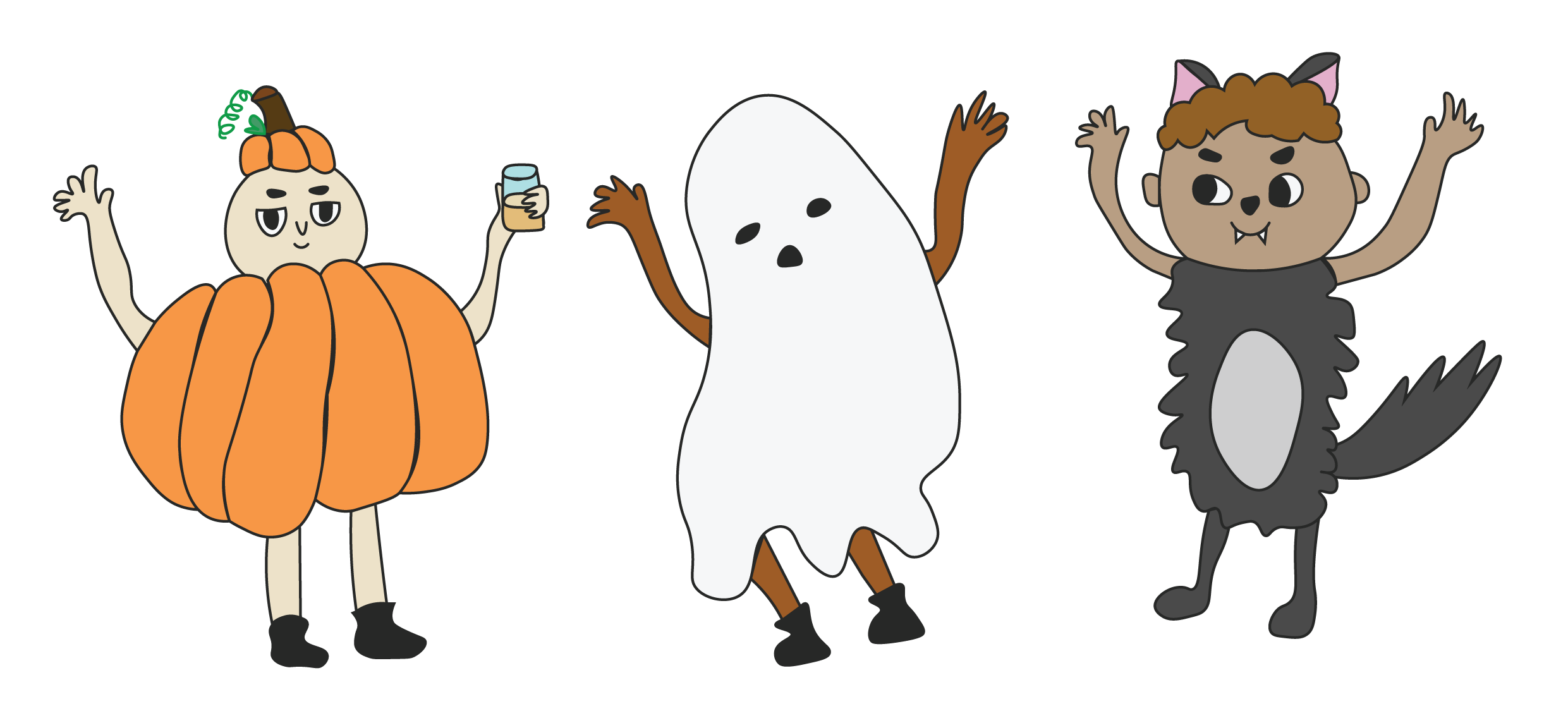 Illustration of pumpkin, sheet-ghost and raccoon costumes