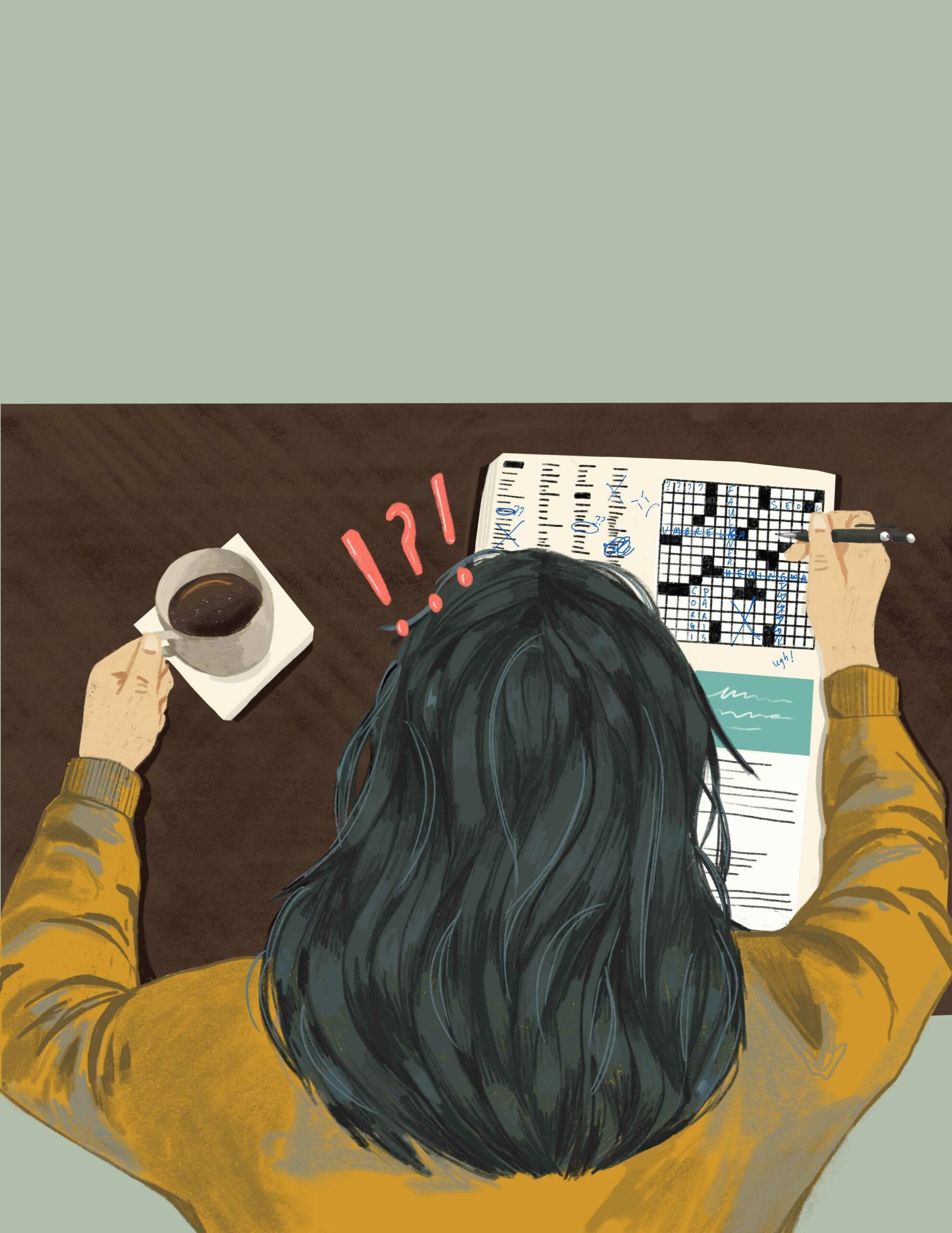 A person looks down at The Peak's crossword with a pen and coffee, appearing frustrated