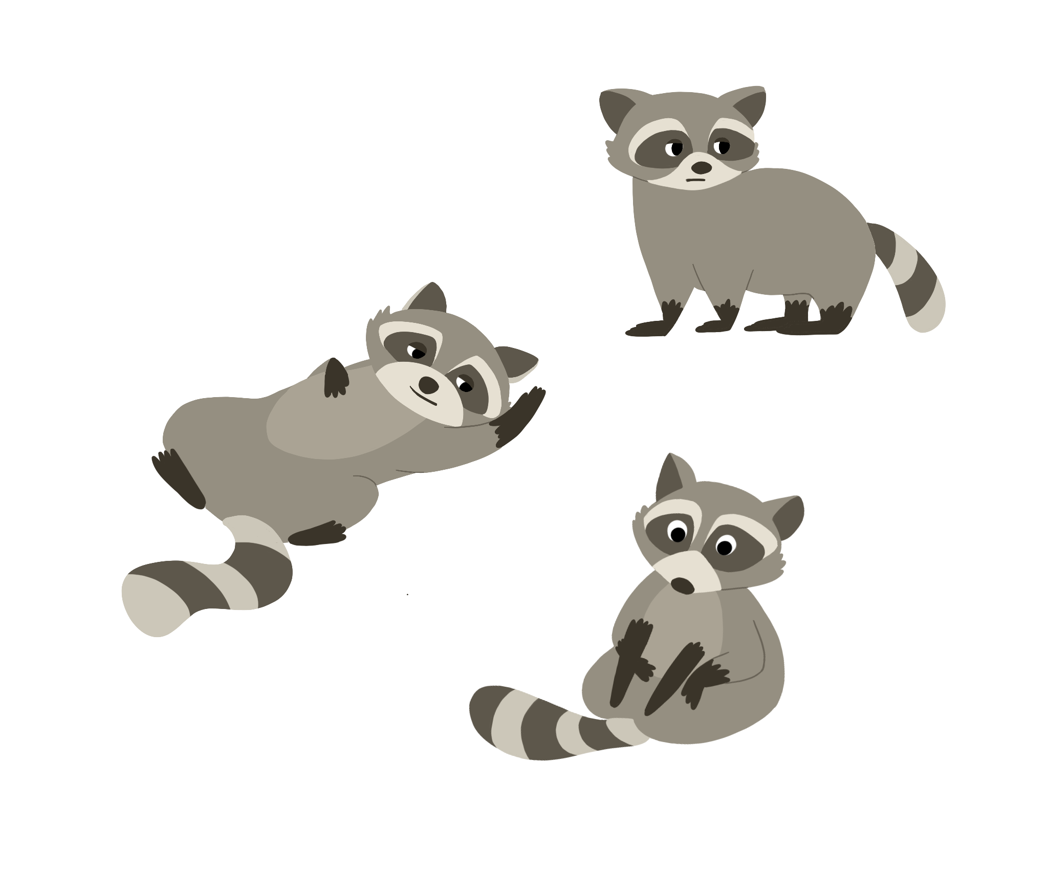 There are three cutely drawn raccoons in the picture. In the right hand corner is one on four legs looking to the right. The one in the middle left is laid out promiscuously and the one in the bottom right is sitting holding on to it's legs with it's tiny paws.