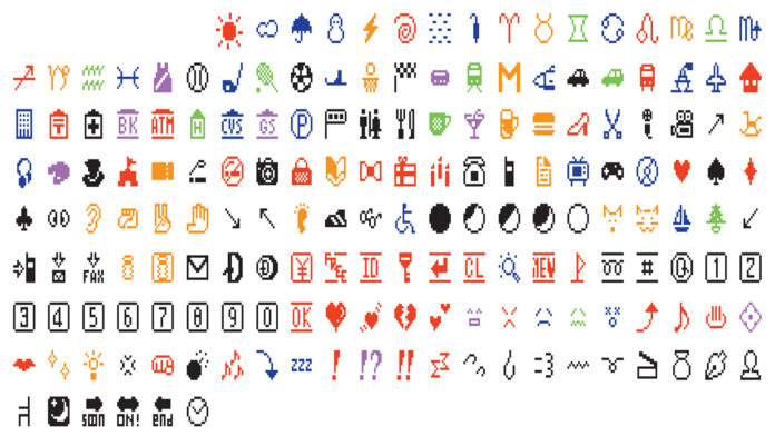A collection of pixelated images. Many are recognizable as the emojis we have today, including some like the astrological symbols, road signs, and a few food items.