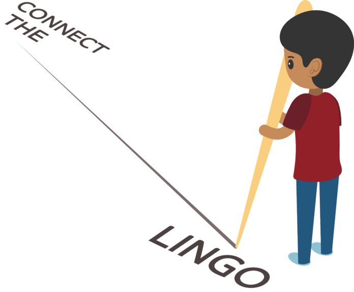 Illustration of a character connecting the words “connect the” and “lingo” with a pencil.