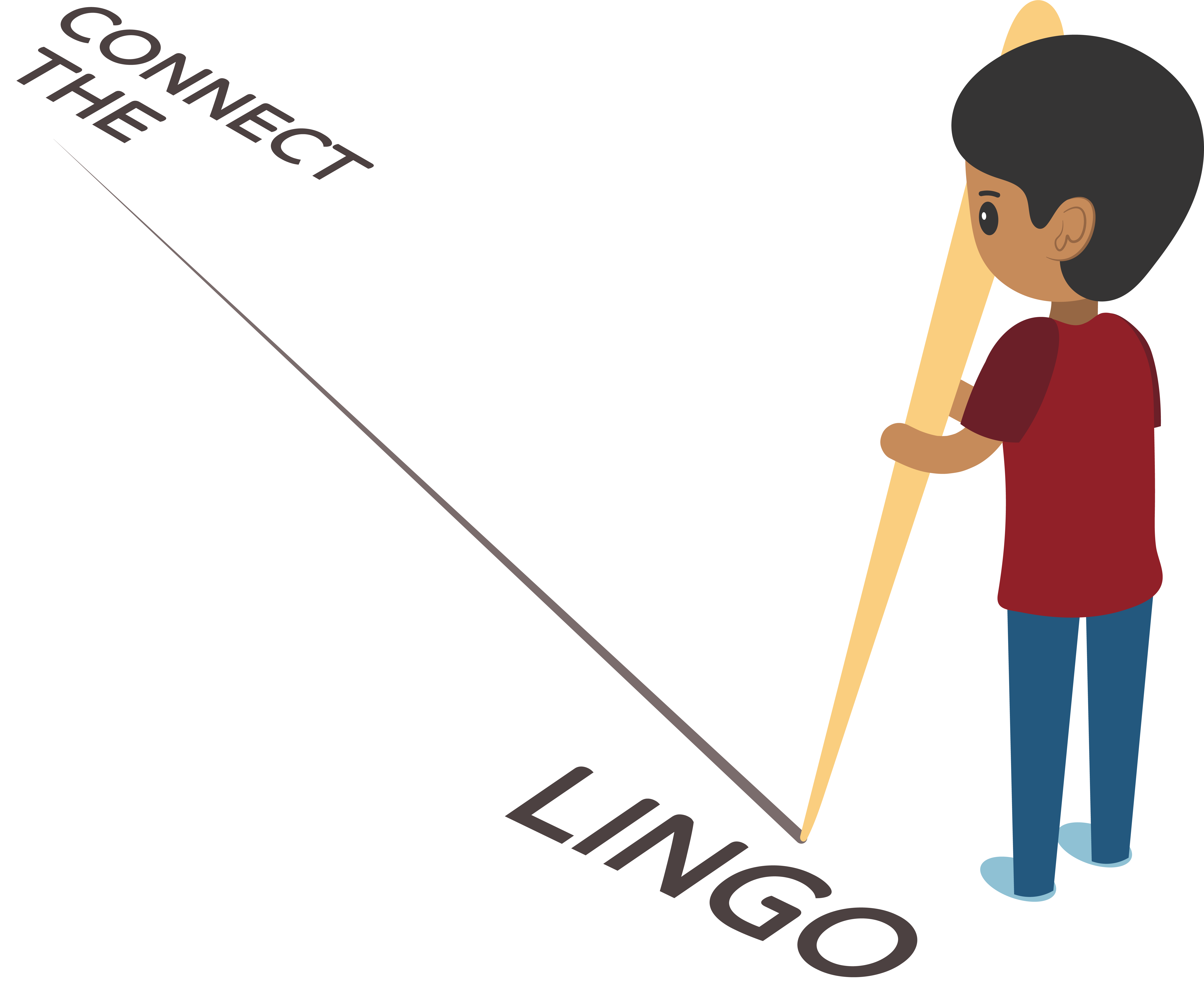 Illustration of a character connecting the words “connect the” and “lingo” with a pencil.