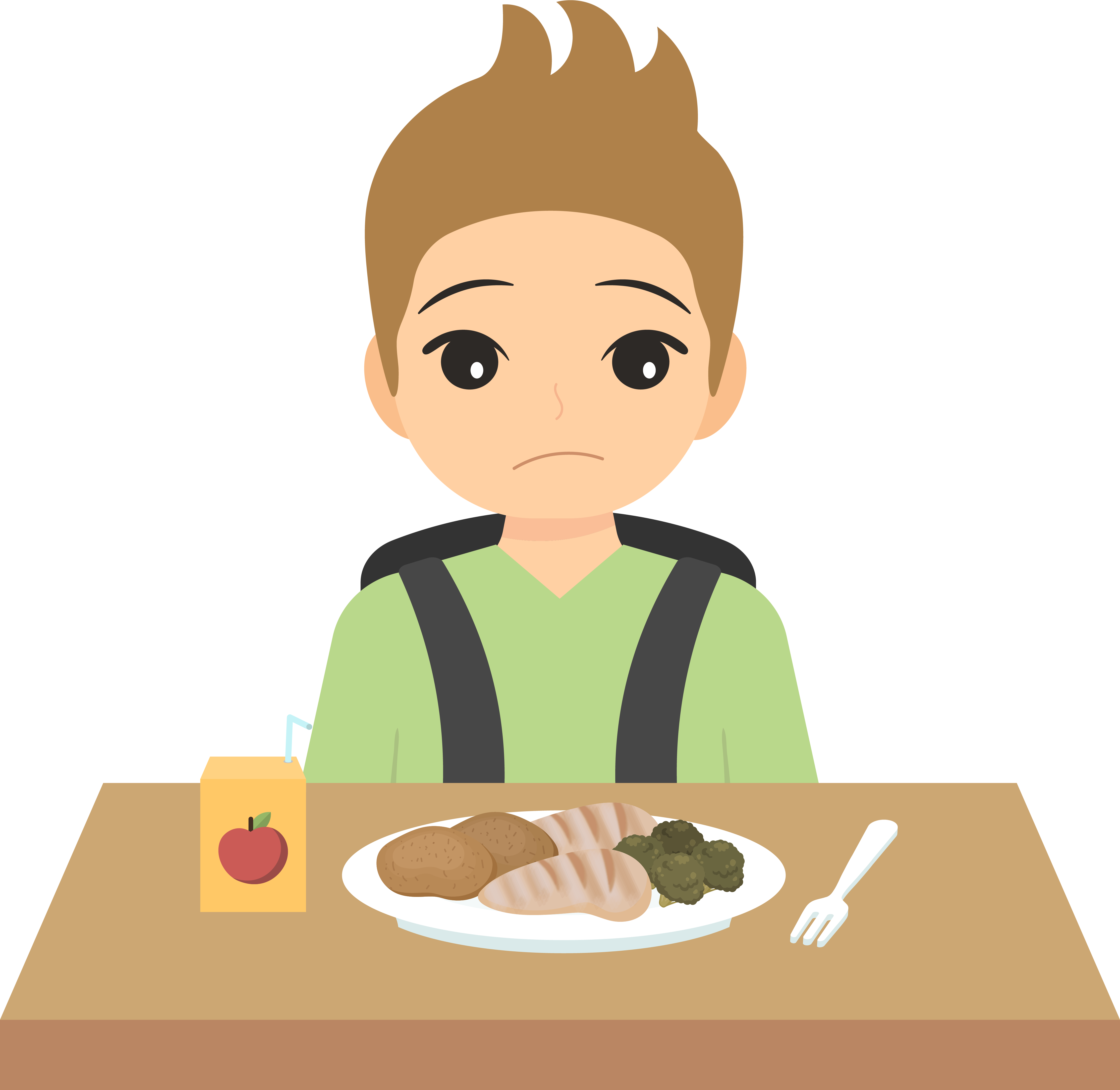 A student is looking dejectedly at a plate of food. The food looks like it has the flavour profile of cardboard. The plate is flanked by a box of apple juice and a fork. The student is wearing a backpack.
