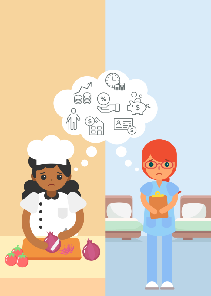 AlyssaUmbal_Pensions Illustration of a food service worker (left) and caretaker (right), both with concerned expressions