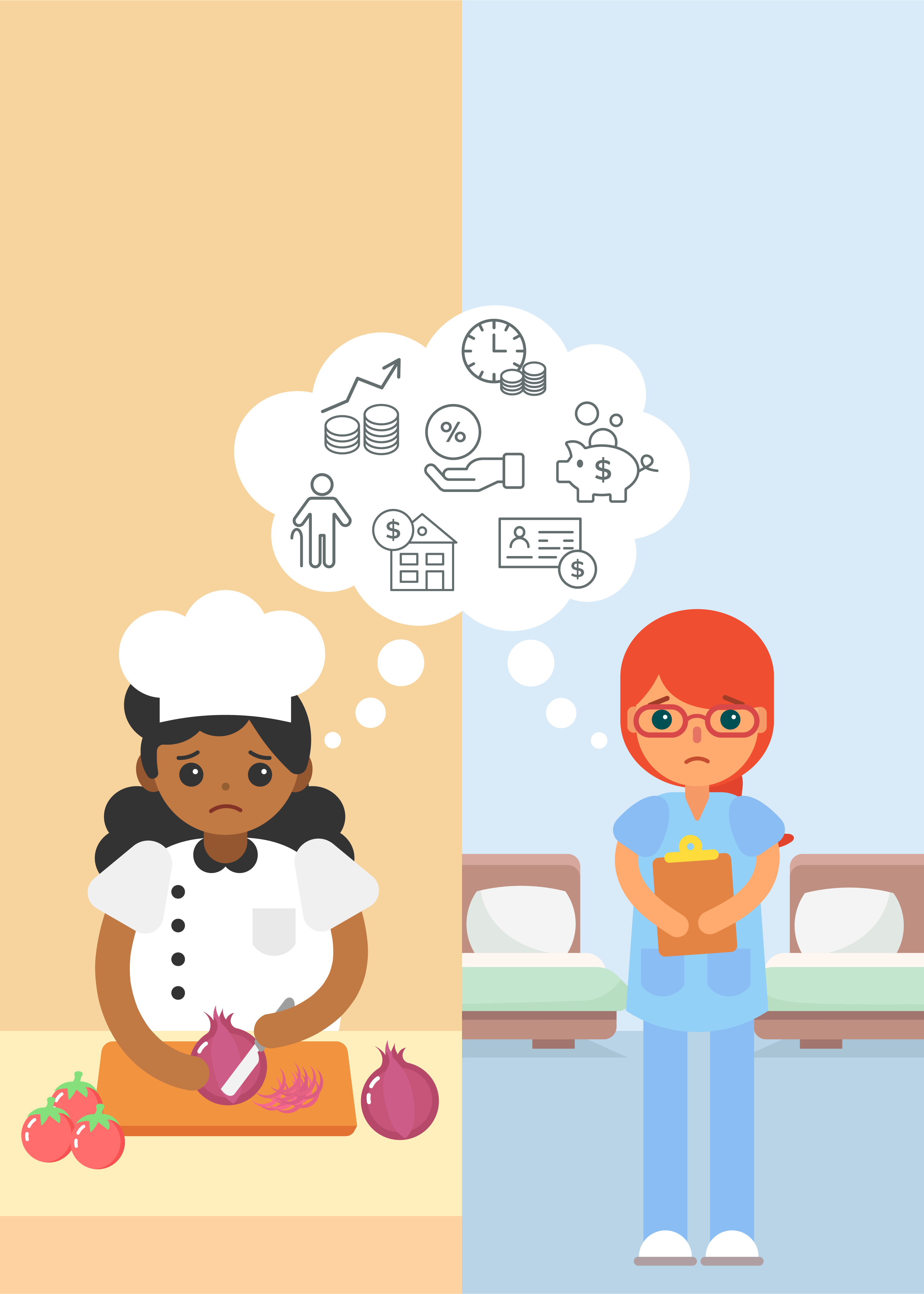 Illustration of a food service worker (left) and caretaker (right), both with concerned expressions