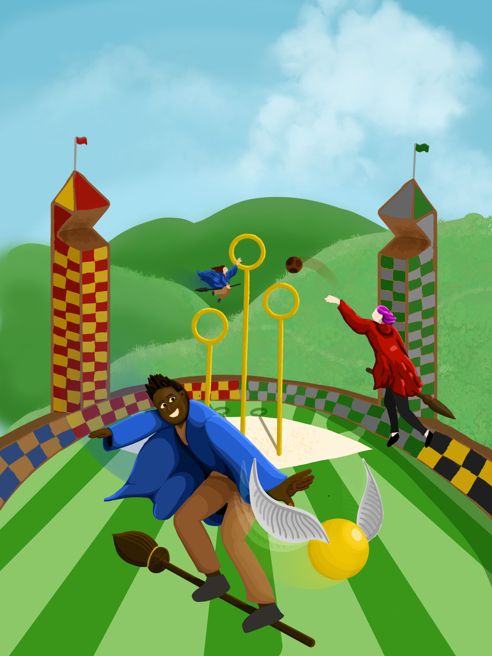 Illustration of a quidditch game with two players in the background and one in the forefront standing on top of his broom to chase the golden snitch.