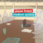 SFSS Election 2022: What to know about each open position Multiple people with no face are sitting around a beige table. Behind them is the logo of the Simon Fraser Student Society.