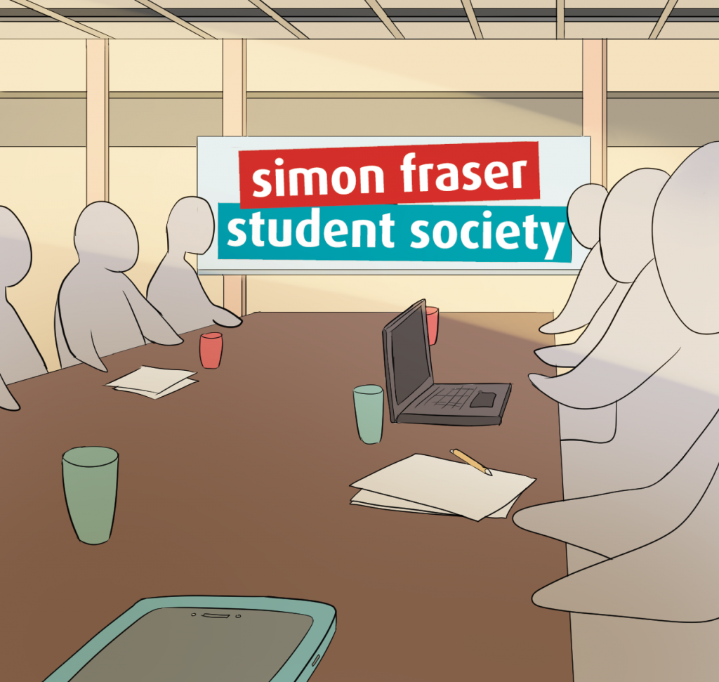 Multiple people with no face are sitting around a beige table. Behind them is the logo of the Simon Fraser Student Society.