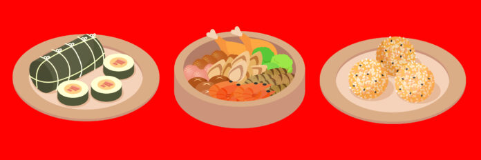 From left to right, illustrations of bánh tét, poon choi, and jian dui against a bright red background