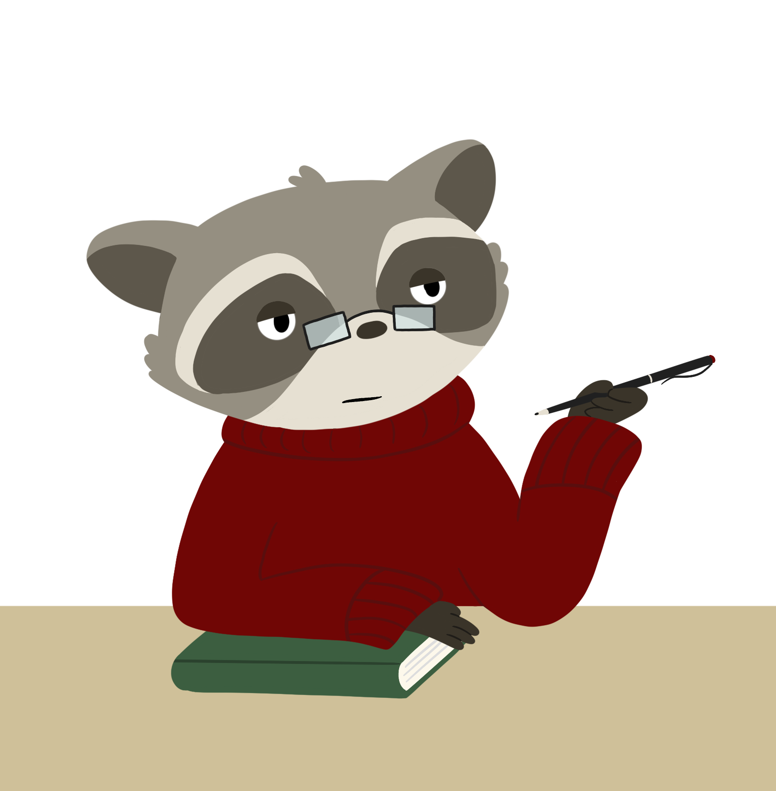 A pensive raccoon sitting at a desk with glasses on holding a pen