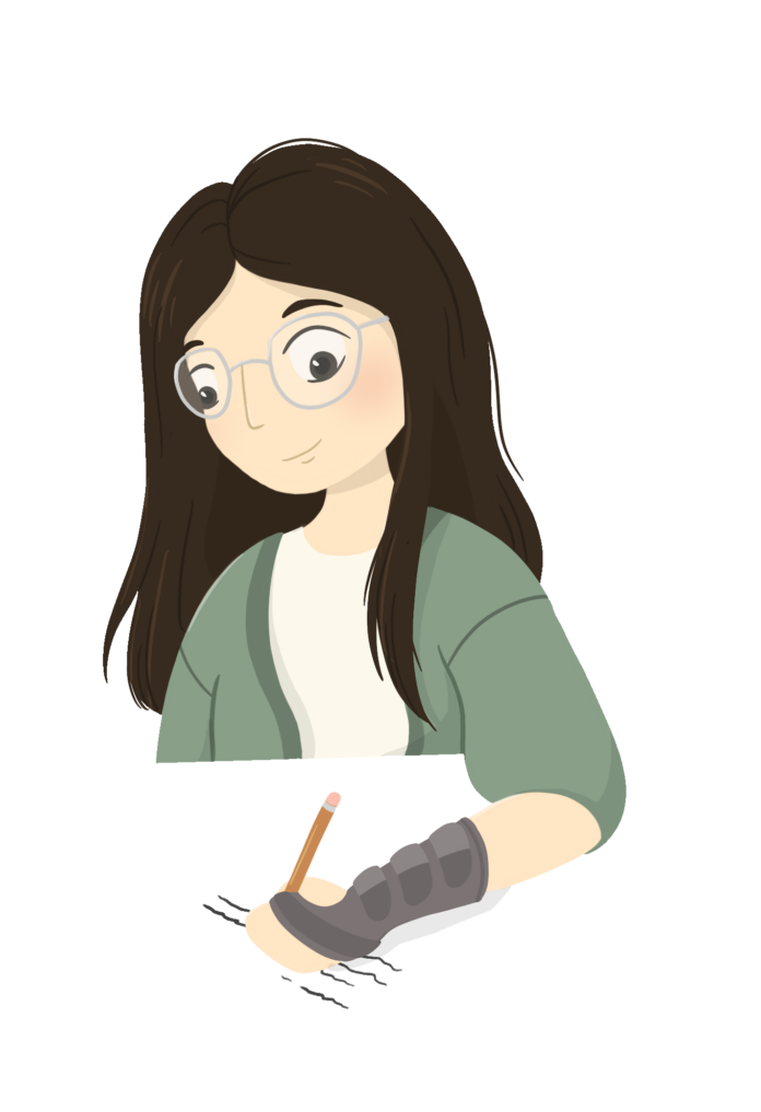 MapleSukontasukkul-W2-LSS-Accepting my disability-V1 A girl with long black hair is sitting at a wooden desk writing on a piece of paper with a pencil. She is wearing a wrist-brace on her wrist while writing.
