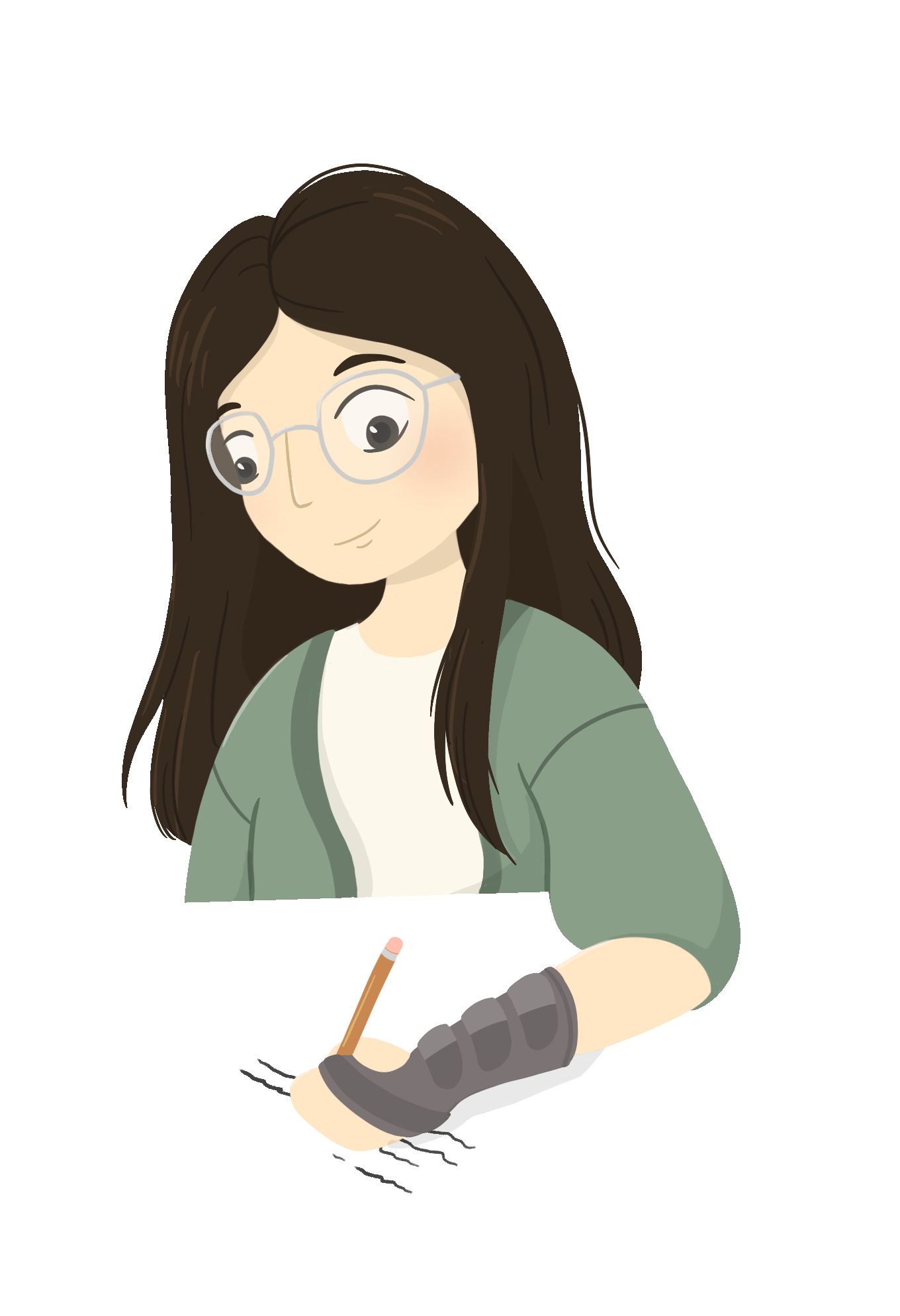 A girl with long black hair is sitting at a wooden desk writing on a piece of paper with a pencil. She is wearing a wrist-brace on her wrist while writing.