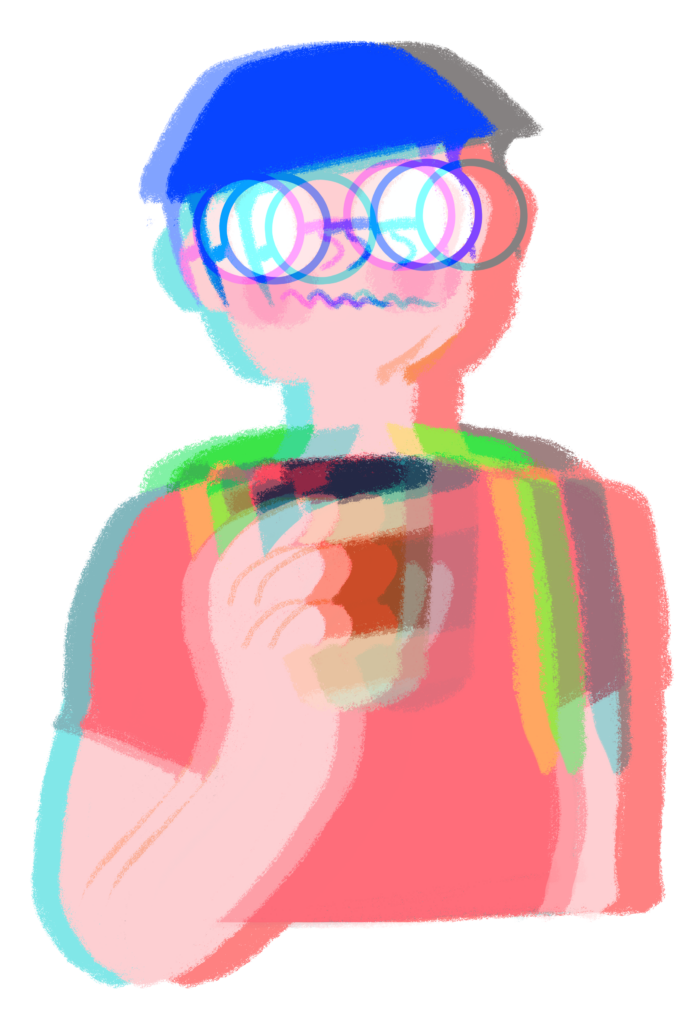 An illustration of a student holding a cup of coffee. They are wearing large glasses, and the image is layered with some transparency, giving the illusion of being overcaffeinated.