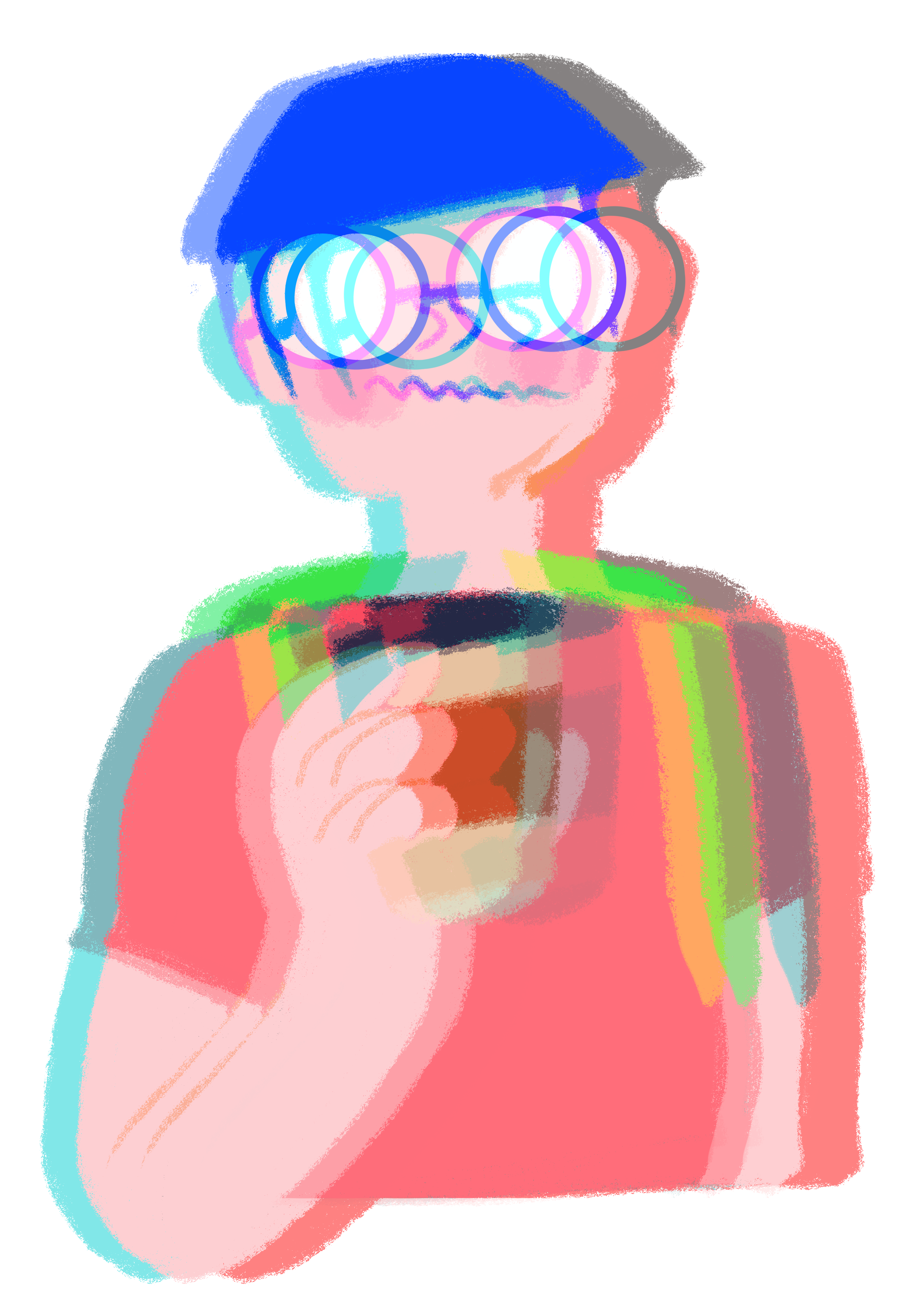 An illustration of a student holding a cup of coffee. They are wearing large glasses, and the image is layered with some transparency, giving the illusion of being overcaffeinated.