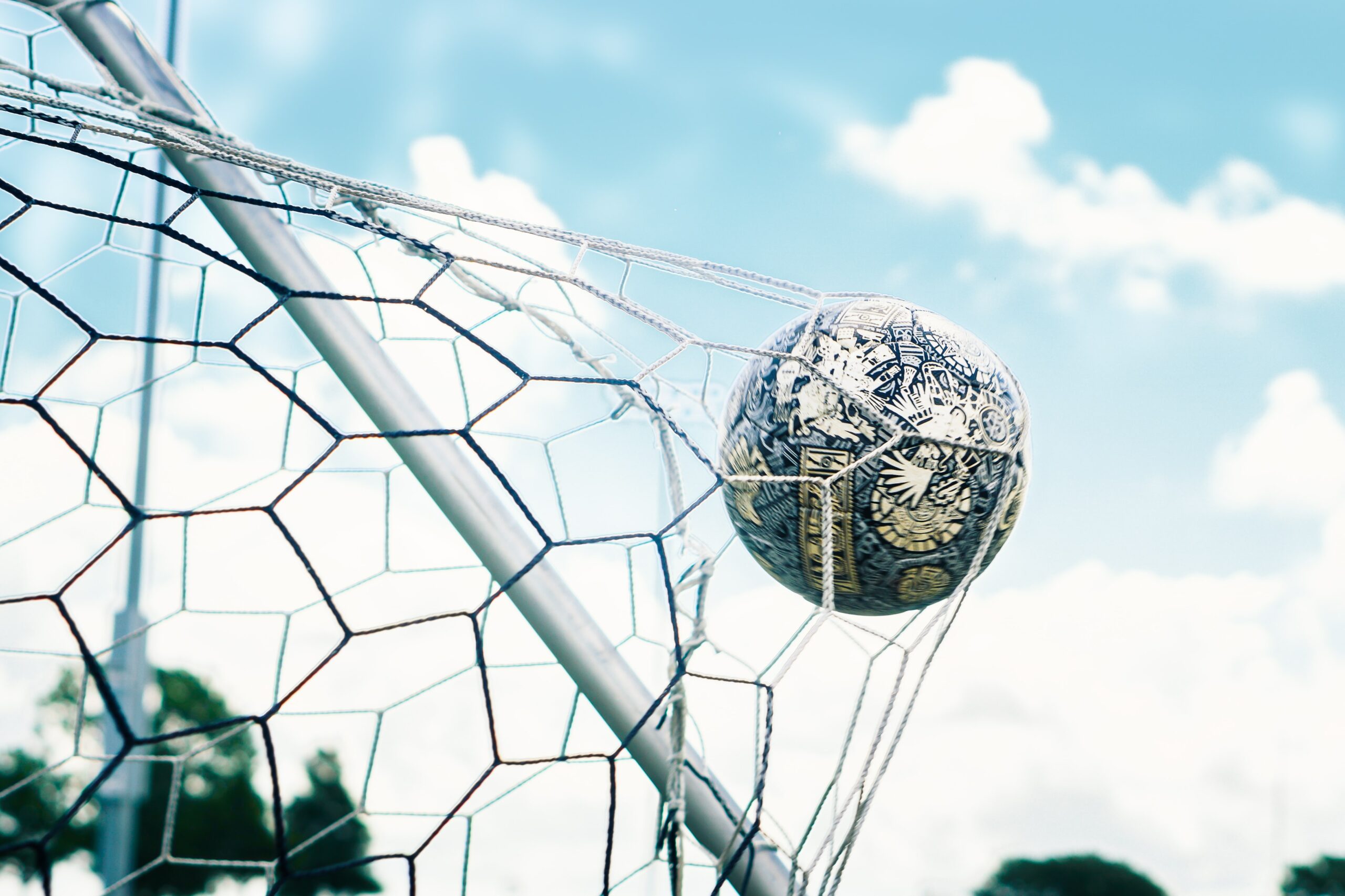 A photo of a soccer ball hitting the back of the net.