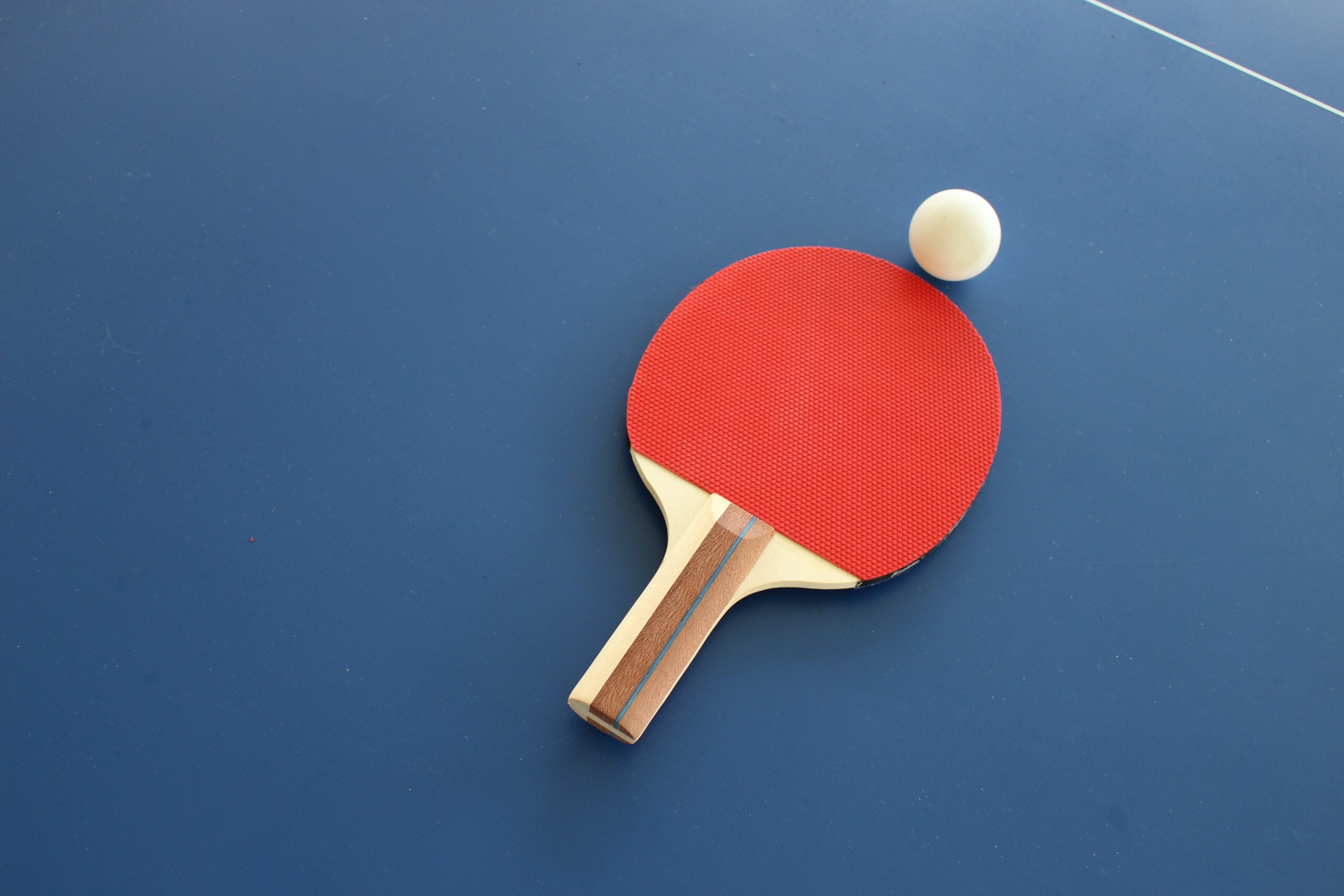 A red ping-pong paddle sat on a blue ping-pong table.