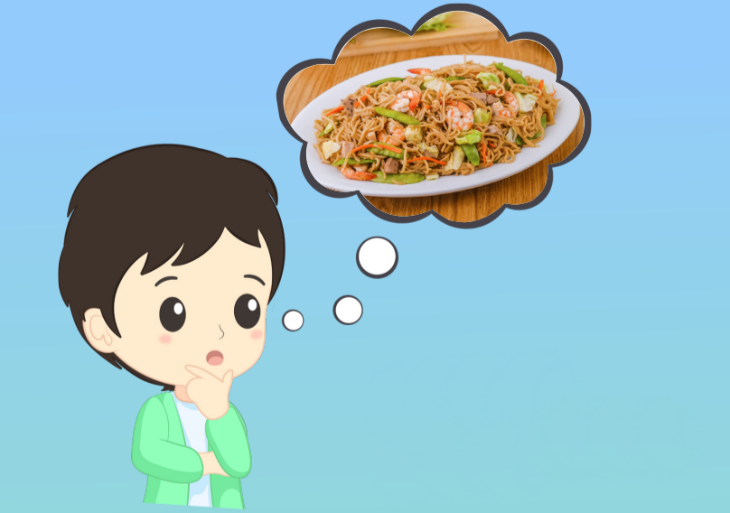 Person in thinking pose with a thought bubble overhead featuring an image of pancit canton