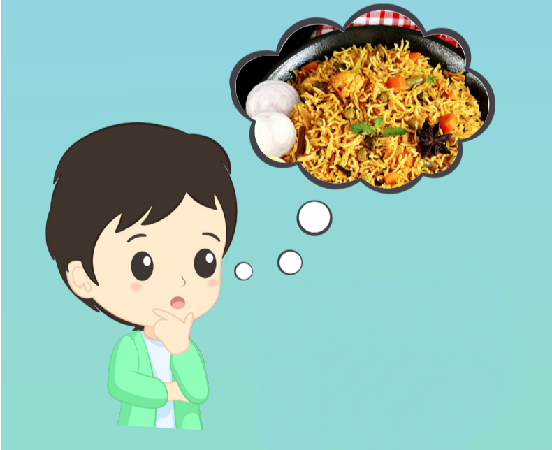 Person in thinking pose with a thought bubble overhead featuring an image of biryani