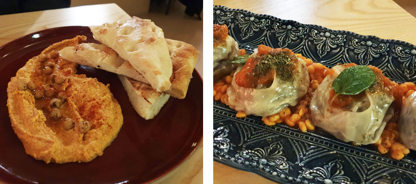 Collage featuring two dishes: on the left, hummus and flatbread; on the right, dumplings with split peas