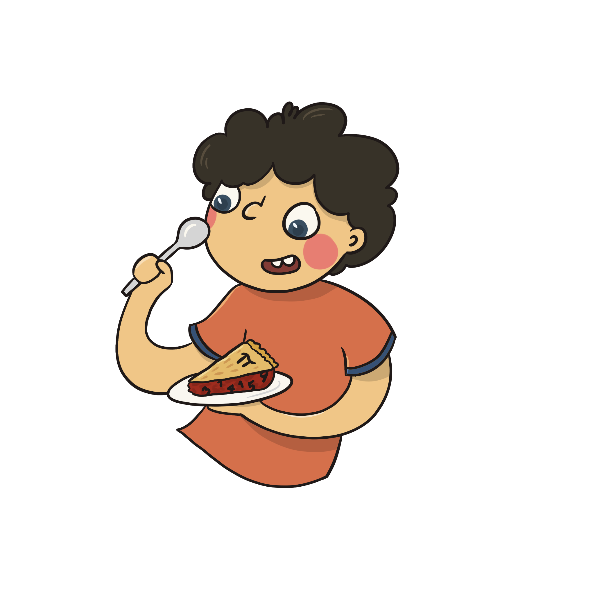 A photo of a cartoon character with rosy cheeks, an orange shirt, and brown hair eating a slice of pie with the pi sign carved into it