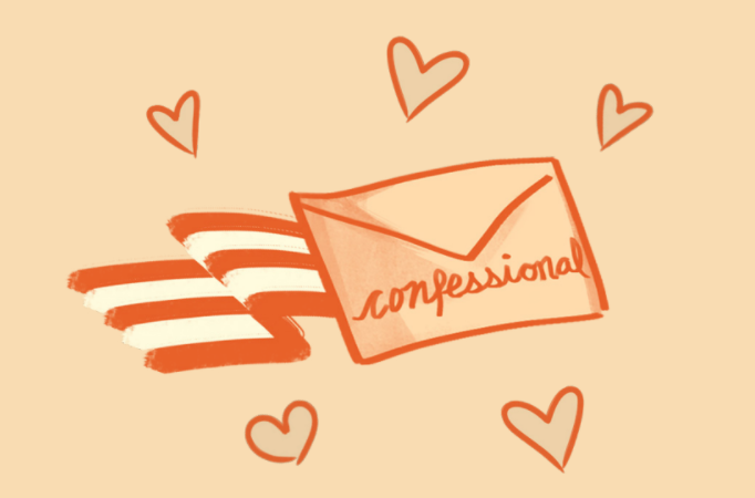 An orange envelope with “confessional” written in cursive across it. The envelope is surrounded by a bunch of hearts.