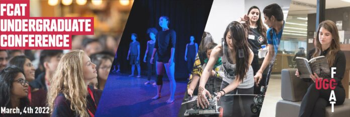 a horizontal panel in three parts, each part has students watching or presenting a project