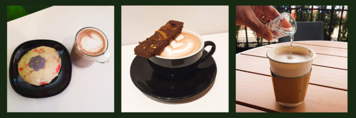 Collage of three hot chocolates taken at different angles: one flatlay, one portrait, and one pour shot