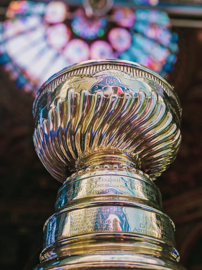 A photo of the NHL hockey trophy, the Stanley Cup