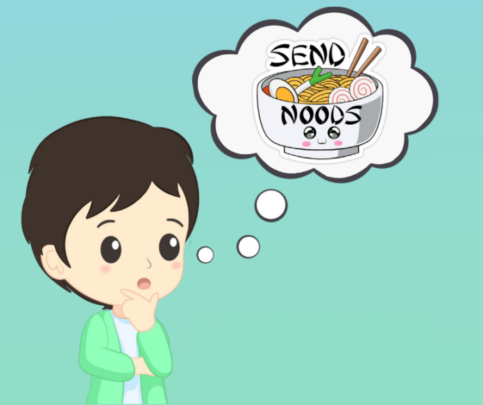 Person in thinking pose with a thought bubble overhead featuring an illustration of a ramen bowl with “send noods” on it