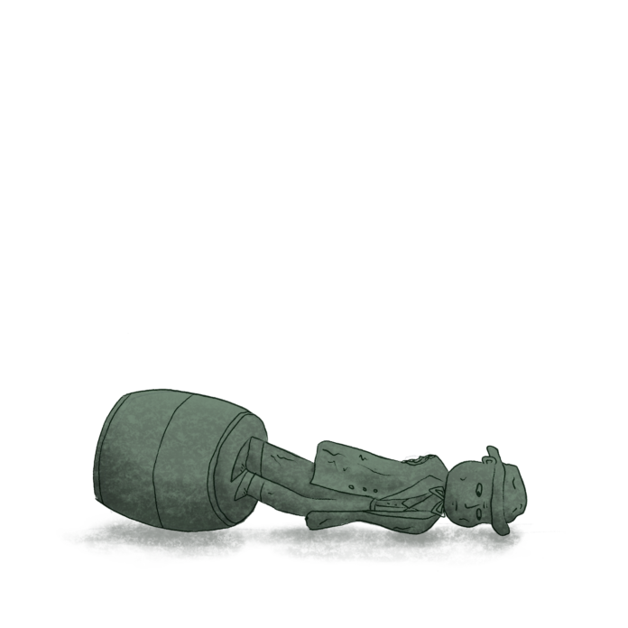 An illustration of the Gassy Jack statue, formerly adorning a pedestal in the heart of Vancouver, is toppled and on the ground.