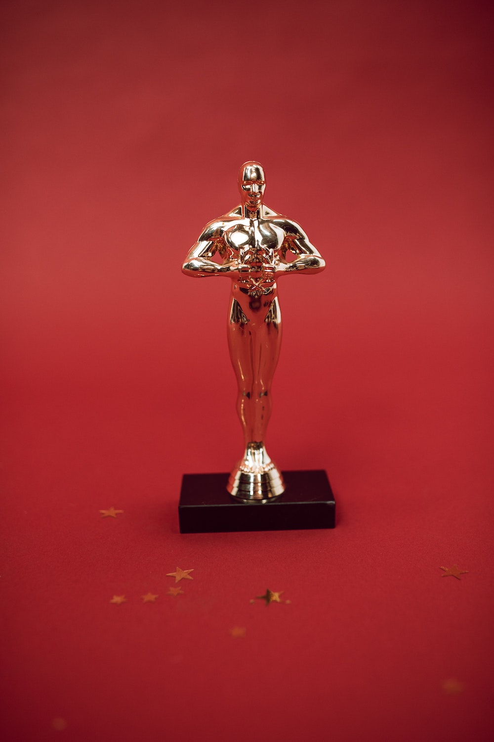 A statuette from the academy awards (the Oscars) is placed against a red background. A few gold stars litter the ground.