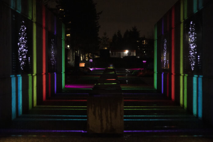 starry_nights The star charts at the Trottier Observatory illuminated at night by multicoloured lights