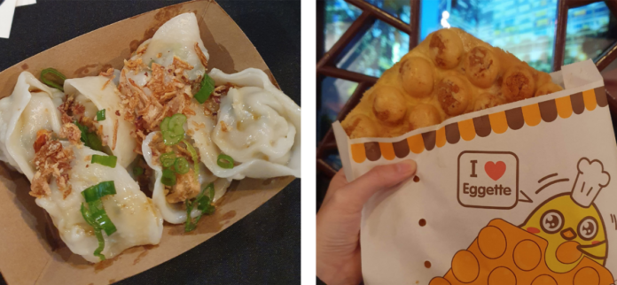 Food collage with pork dumplings on the left and a bubble waffle on the right